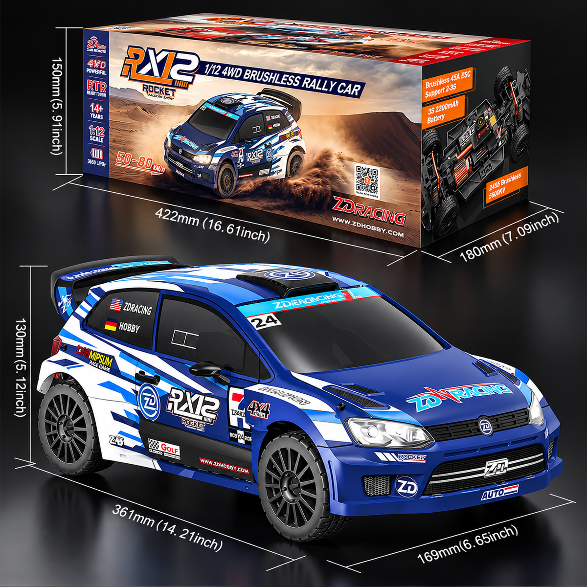 ZD Racing RX-12 1/12 Scale RC Rally 4WD Brushless ARR